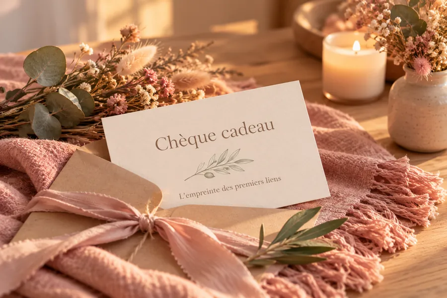 Chèque cadeau L'empreinte des premiers liens glissé dans une enveloppe kraft nouée d'un ruban rose, entouré de fleurs séchées et d'une bougie